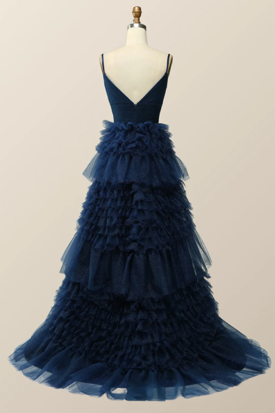 Robe de soirée longue bleu marine à volants et coupe trapèze, DP1812