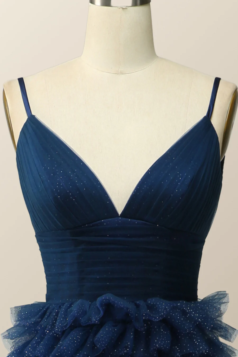Robe de soirée longue bleu marine à volants et coupe trapèze, DP1812