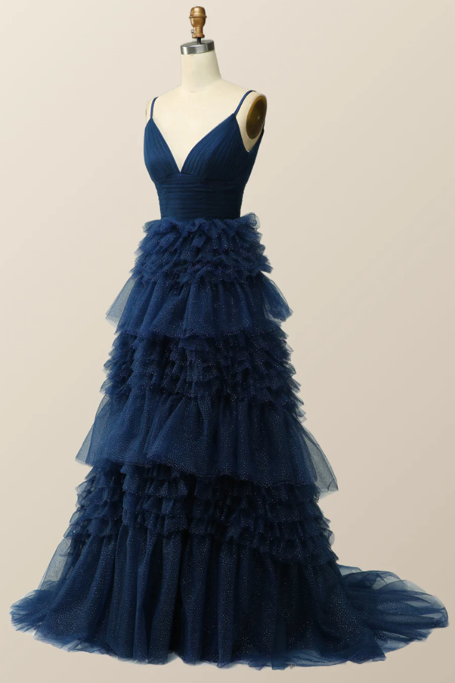 Robe de soirée longue bleu marine à volants et coupe trapèze, DP1812