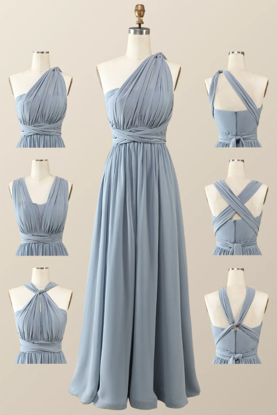 Nebelblaues Chiffon A-Linie Cabrio Langes Partykleid Brautjungfernkleid,DP1816