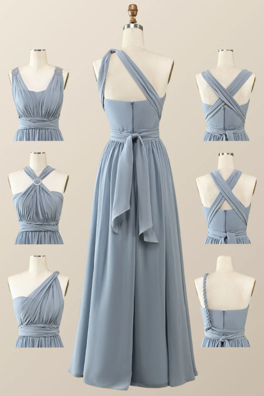 Nebelblaues Chiffon A-Linie Cabrio Langes Partykleid Brautjungfernkleid,DP1816