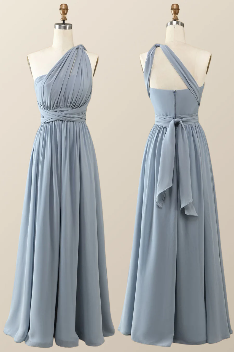 Nebelblaues Chiffon A-Linie Cabrio Langes Partykleid Brautjungfernkleid,DP1816