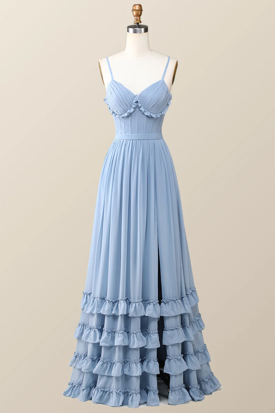 Boho Style Dusty Blue Rüschen Langes Partykleid Brautjungfernkleid,DP1817