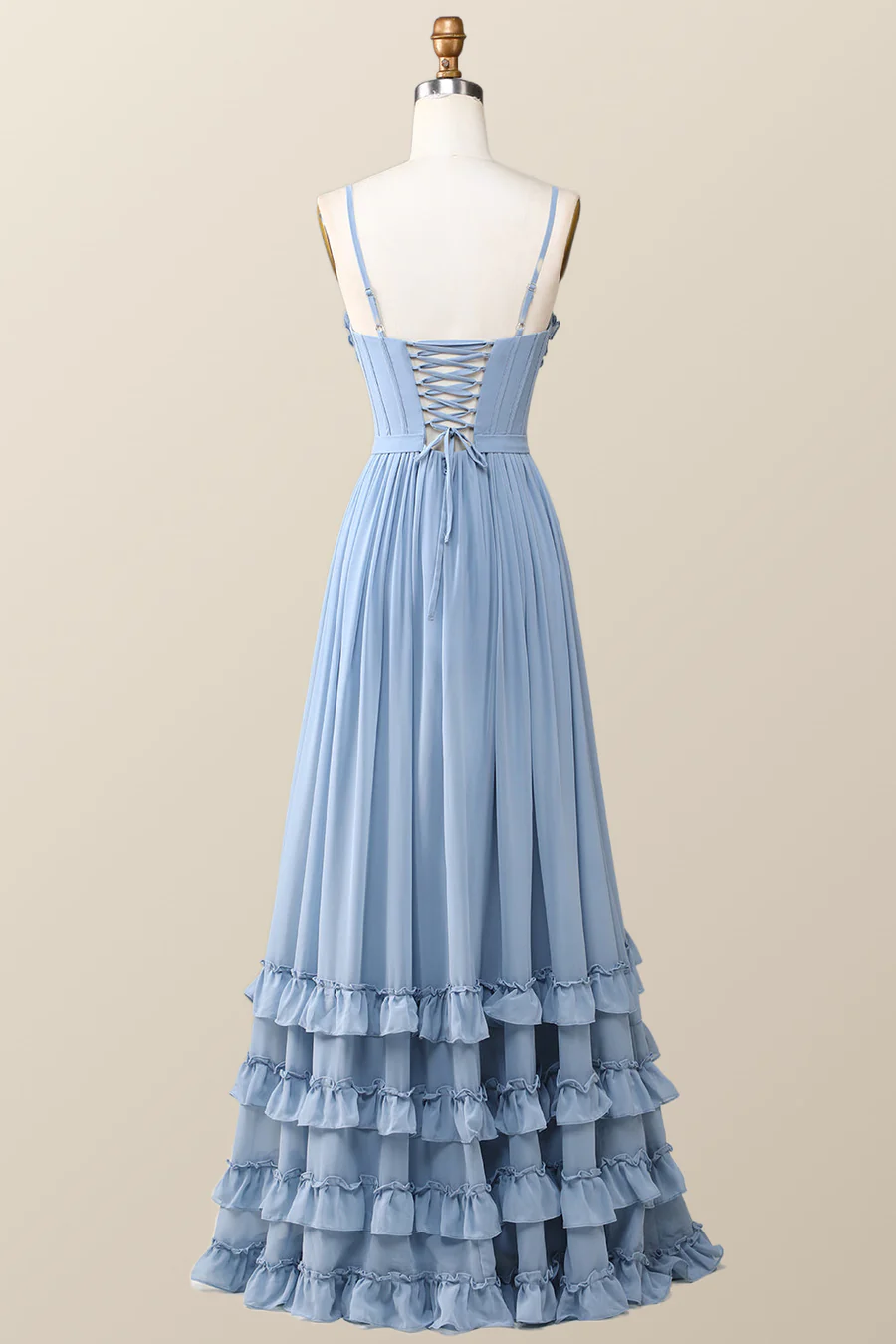 Boho Style Dusty Blue Rüschen Langes Partykleid Brautjungfernkleid,DP1817