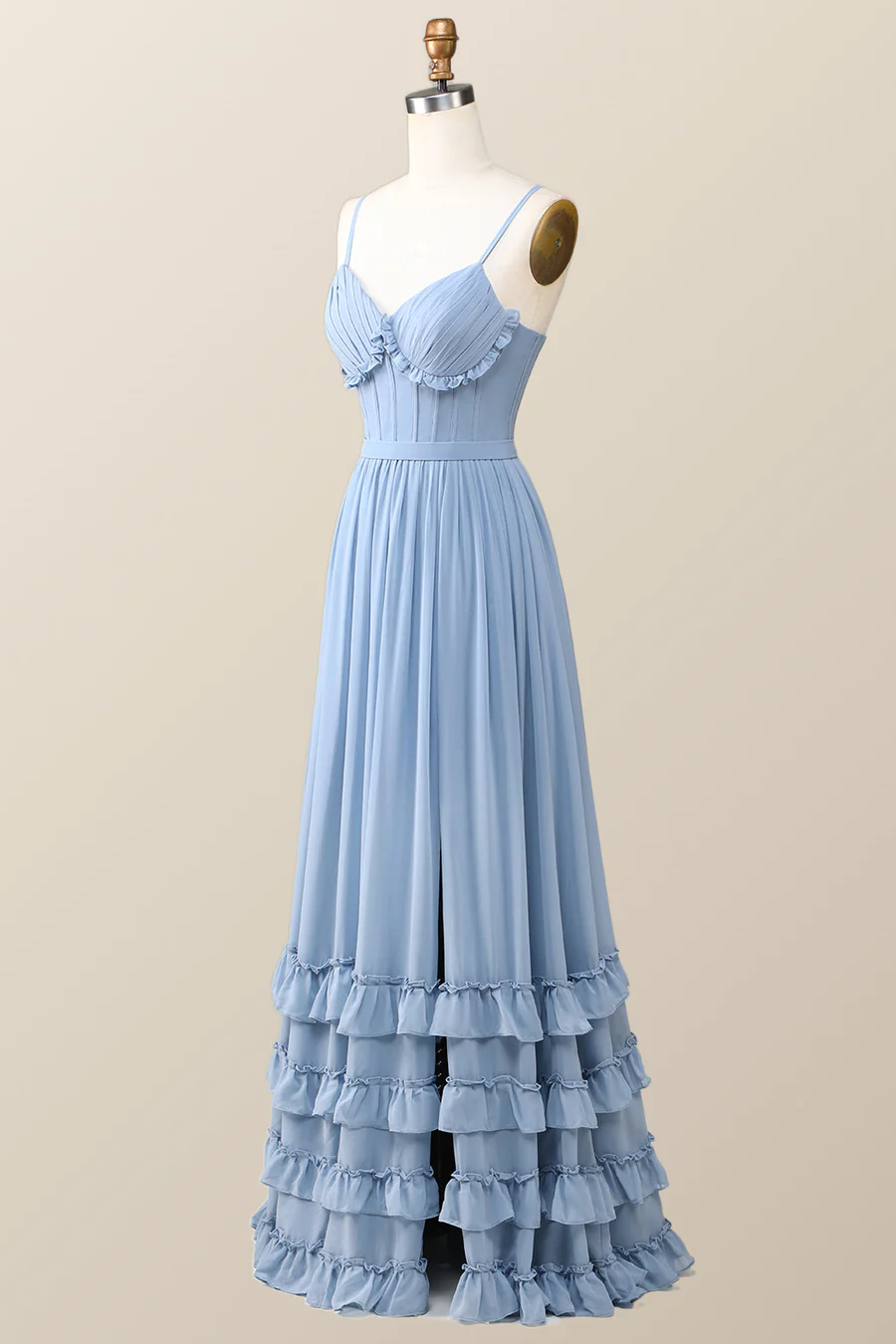 Boho Style Dusty Blue Rüschen Langes Partykleid Brautjungfernkleid,DP1817