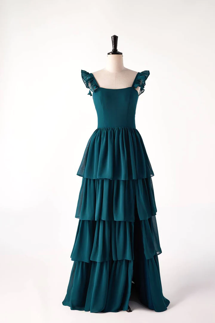 Dunkelblaugrünes, langes Partykleid mit Rüschen, Brautjungfernkleid, DP1818