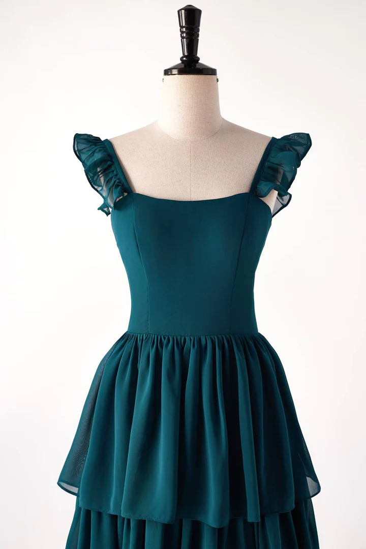 Dunkelblaugrünes, langes Partykleid mit Rüschen, Brautjungfernkleid, DP1818