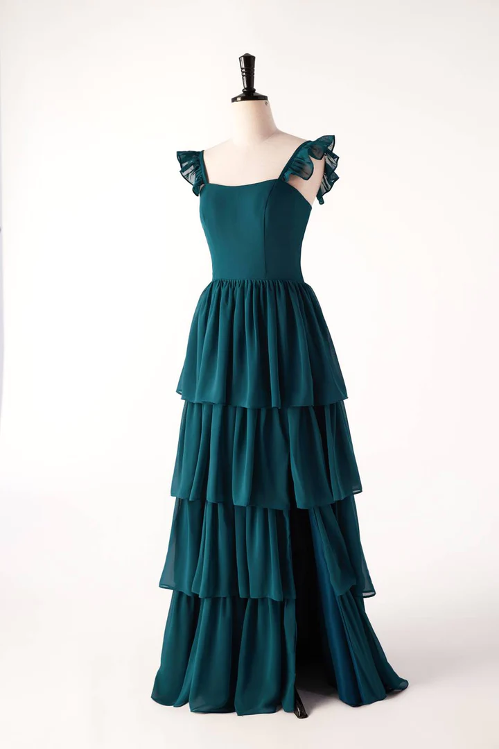 Dunkelblaugrünes, langes Partykleid mit Rüschen, Brautjungfernkleid, DP1818