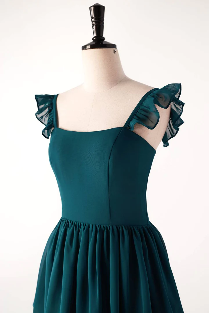 Dunkelblaugrünes, langes Partykleid mit Rüschen, Brautjungfernkleid, DP1818