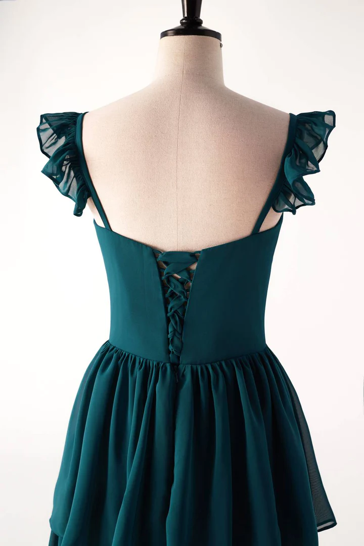 Dunkelblaugrünes, langes Partykleid mit Rüschen, Brautjungfernkleid, DP1818