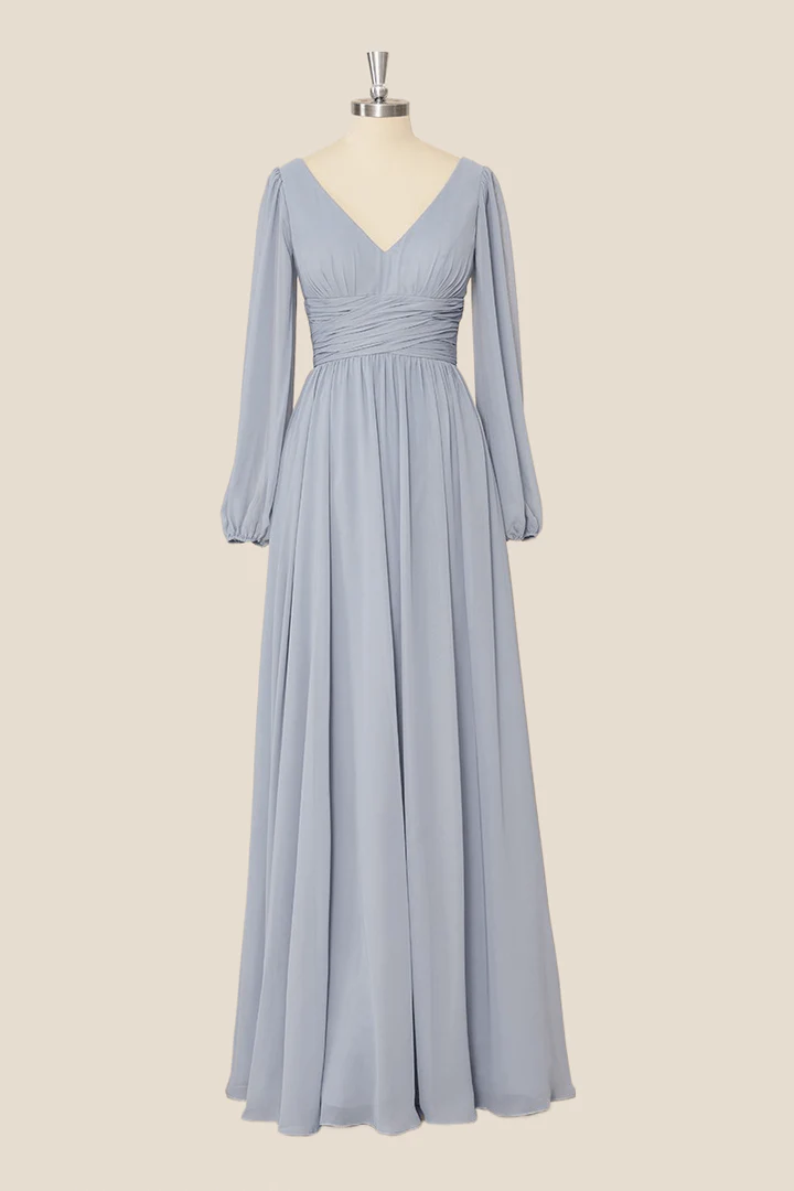 Graues Chiffon-A-Linien-Partykleid mit langen Ärmeln, Brautjungfernkleid, DP1819