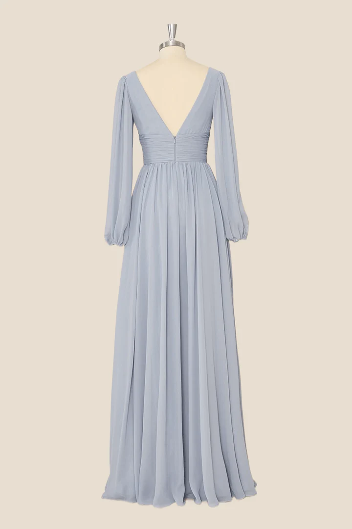 Graues Chiffon-A-Linien-Partykleid mit langen Ärmeln, Brautjungfernkleid, DP1819