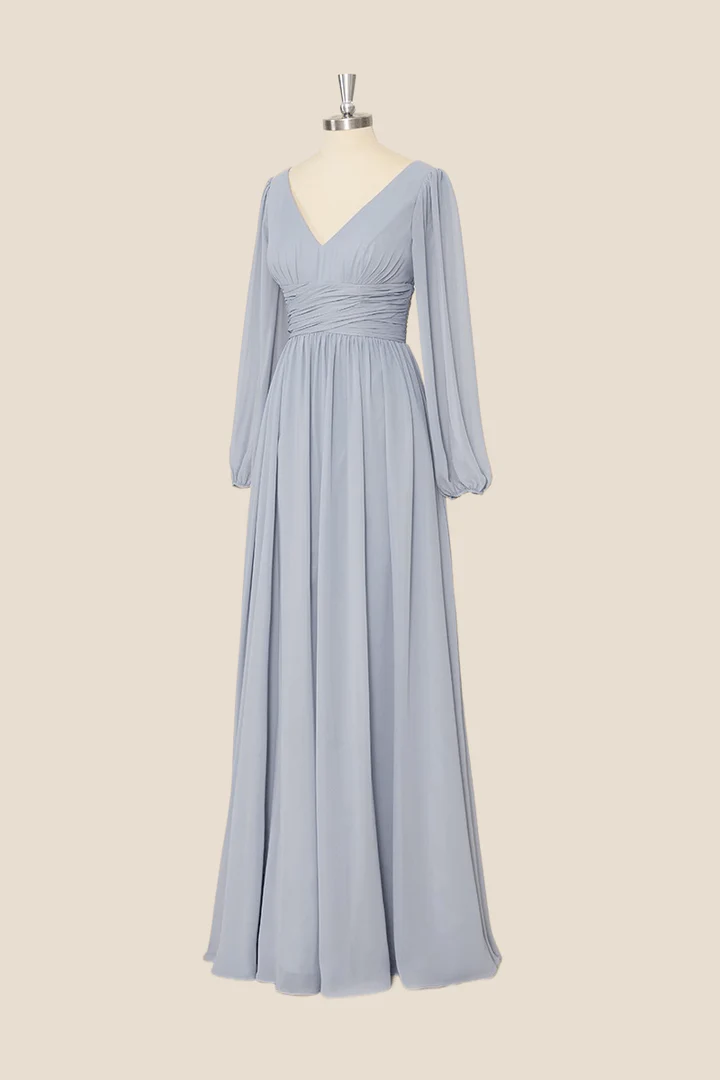 Graues Chiffon-A-Linien-Partykleid mit langen Ärmeln, Brautjungfernkleid, DP1819