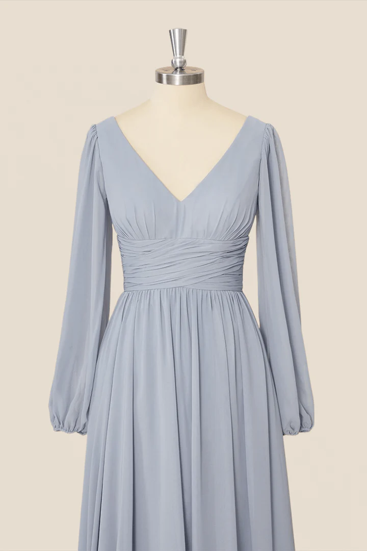 Graues Chiffon-A-Linien-Partykleid mit langen Ärmeln, Brautjungfernkleid, DP1819