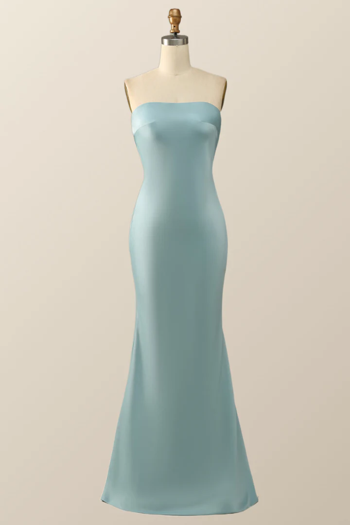 Blaues trägerloses Meerjungfrau-Kleid, langes Partykleid, Brautjungfernkleid, DP1820