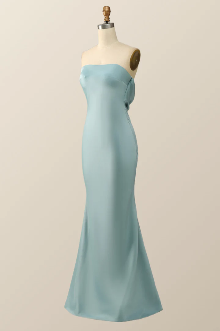 Blaues trägerloses Meerjungfrau-Kleid, langes Partykleid, Brautjungfernkleid, DP1820