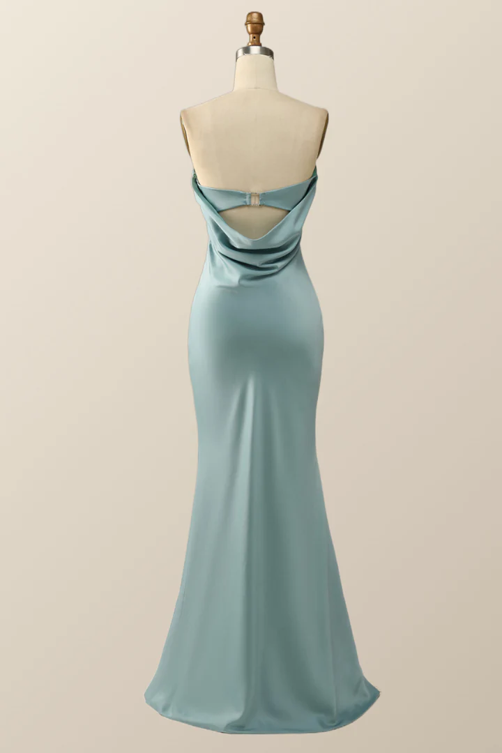 Blaues trägerloses Meerjungfrau-Kleid, langes Partykleid, Brautjungfernkleid, DP1820