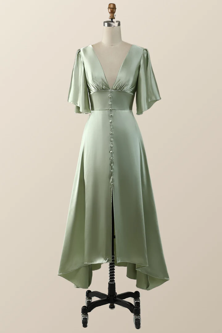 Salbeigrünes Empire-Brautjungfernkleid in Midilänge mit ausgestellten Ärmeln, DP1821