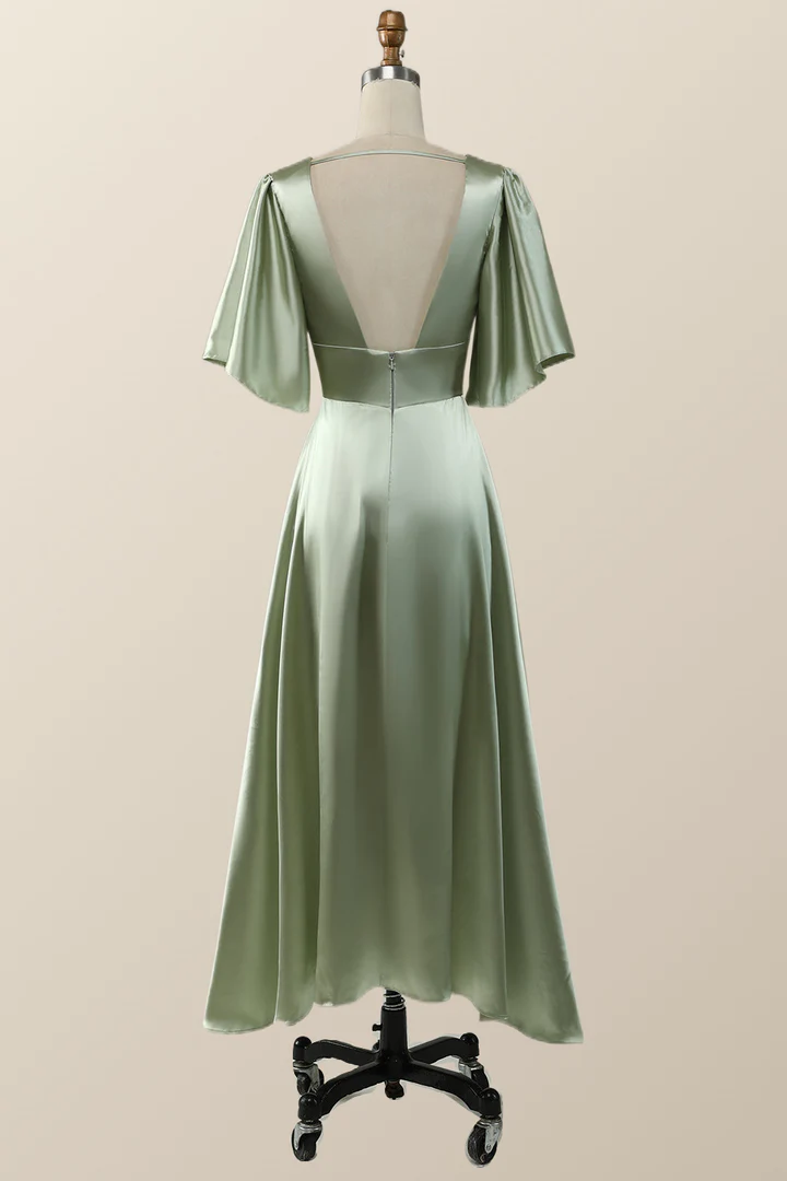 Salbeigrünes Empire-Brautjungfernkleid in Midilänge mit ausgestellten Ärmeln, DP1821