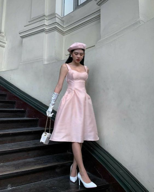 Süßes rosa Straps A-Linie Knielanges Partykleid, DP1823