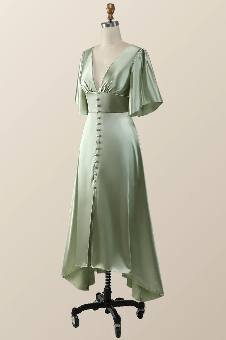 Salbeigrünes Empire-Brautjungfernkleid in Midilänge mit ausgestellten Ärmeln, DP1821