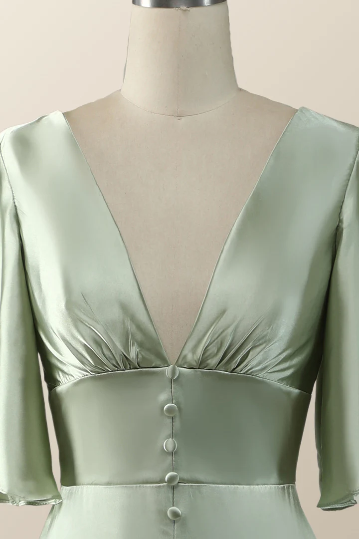 Salbeigrünes Empire-Brautjungfernkleid in Midilänge mit ausgestellten Ärmeln, DP1821