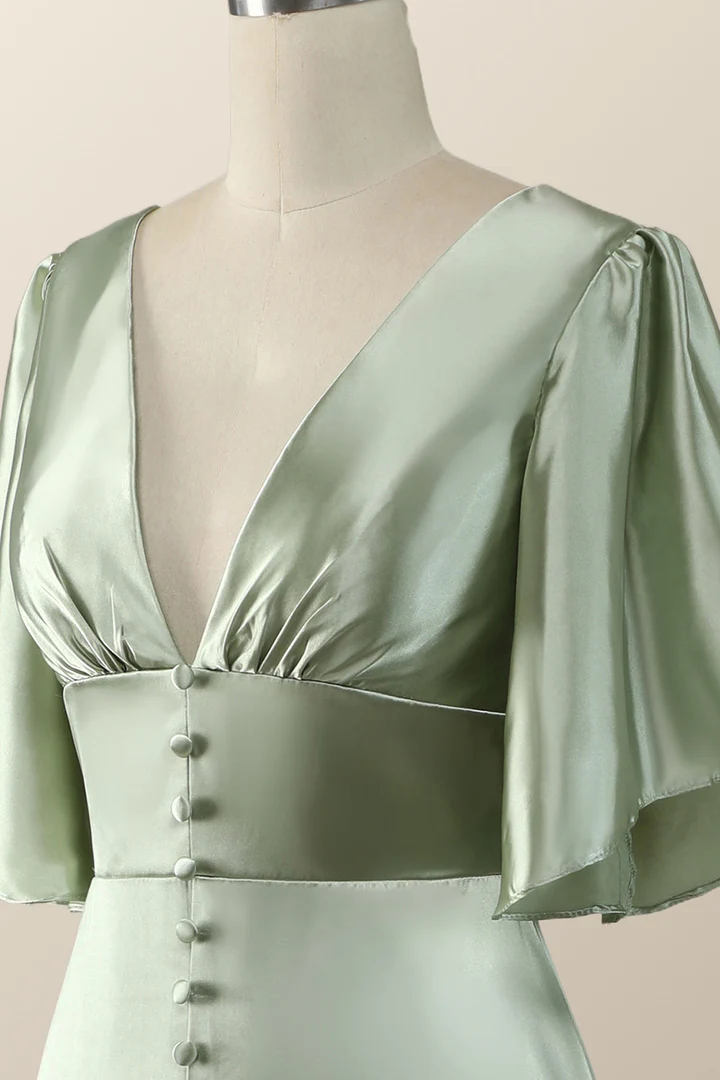 Salbeigrünes Empire-Brautjungfernkleid in Midilänge mit ausgestellten Ärmeln, DP1821
