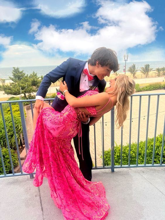 Hot Pink Sequins Backless Mermaid Long Prom Dress with Slit,DP1828