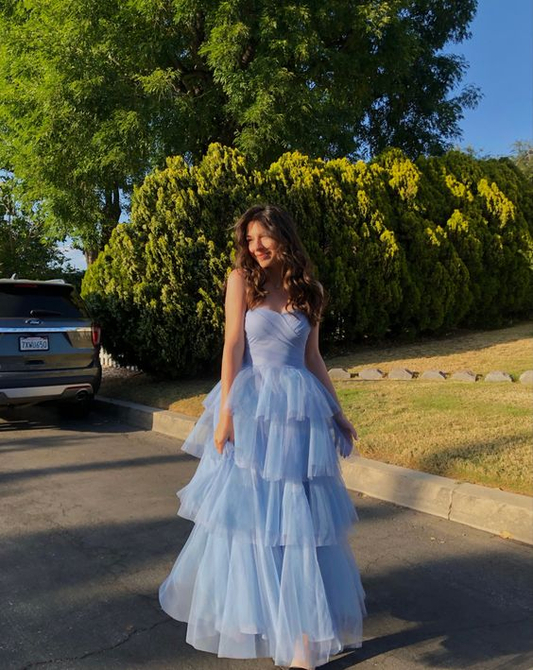 Sky Blue A-Line Strapless Tulle Long Prom Dress Evening Gown,DP1835