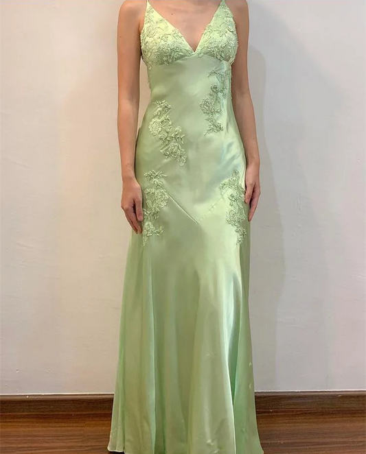 Vintage Sage Green V-neck Prom Dress Beaded Long Party Dress Spaghetti Strap Evening Dress DP1837