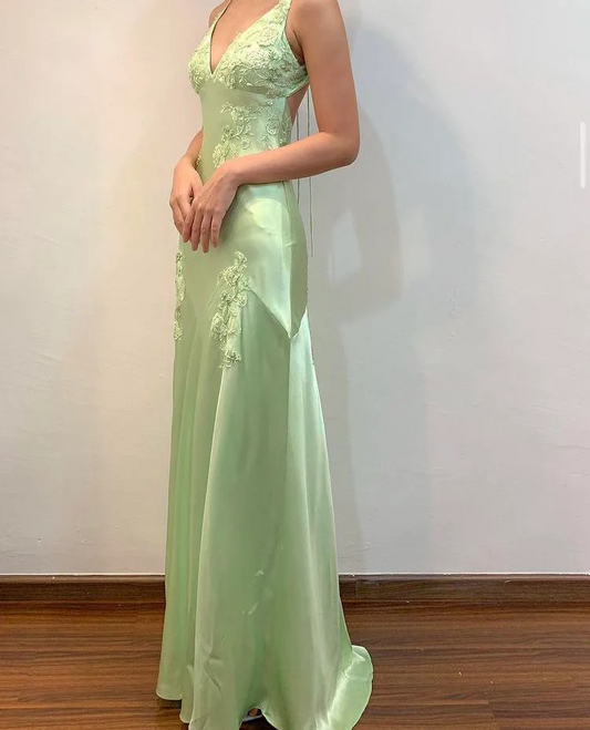 Vintage Sage Green V-neck Prom Dress Beaded Long Party Dress Spaghetti Strap Evening Dress DP1837