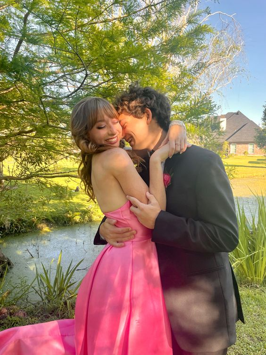 Robe de soirée d'anniversaire rose bustier en satin, décolleté plongeant, DP1840