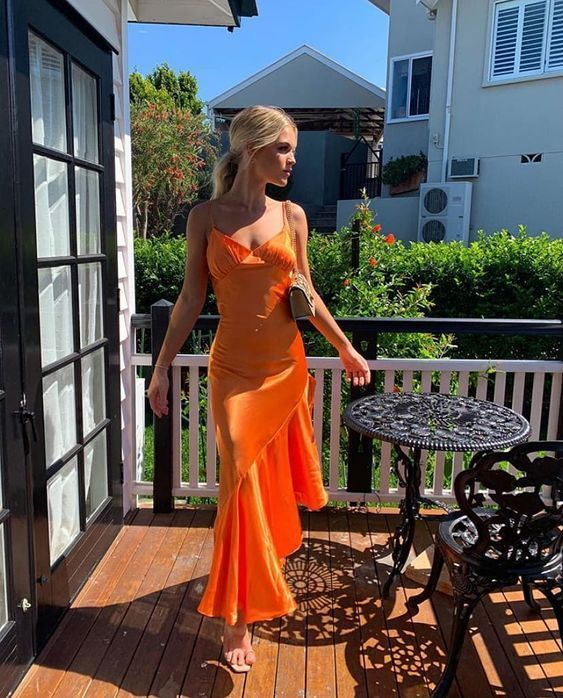 Orange Spaghettiträger Rüschen Langes Partykleid,DP1853