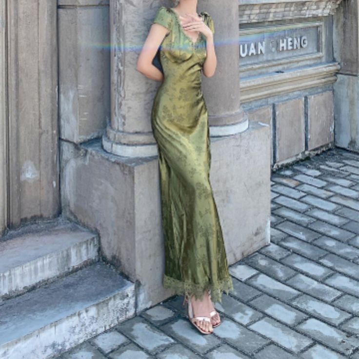 Green V Neck Cap Sleeves Sheath Long Party Dress,DP1856