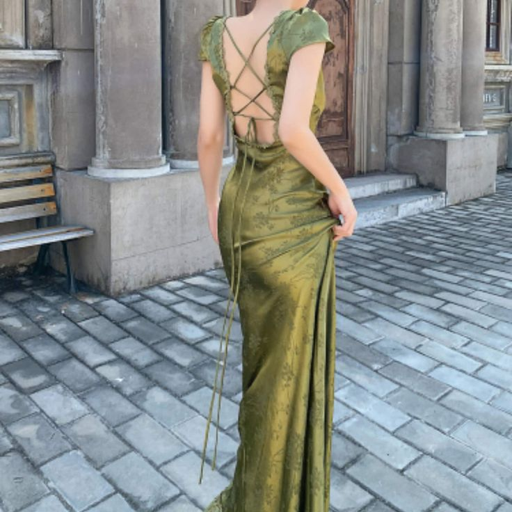 Green V Neck Cap Sleeves Sheath Long Party Dress,DP1856