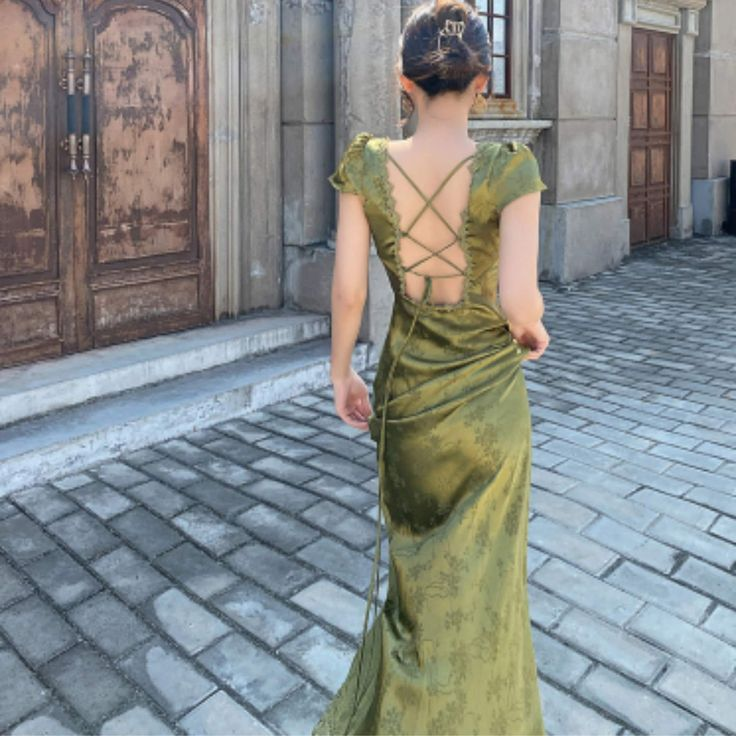 Green V Neck Cap Sleeves Sheath Long Party Dress,DP1856