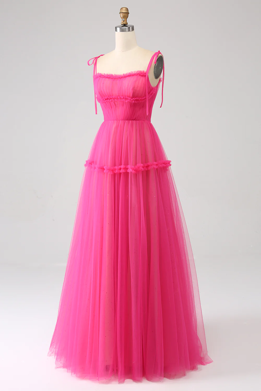 Hot Pink Princess A-Line Spaghetti Straps Tulle Long Prom Dress,DP1864