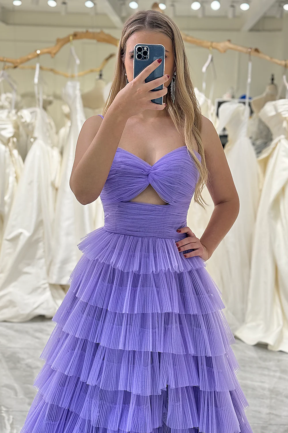 Purple A-Line Spaghetti Straps Tulle Tiered Long Prom Dress with Slit,DP1871