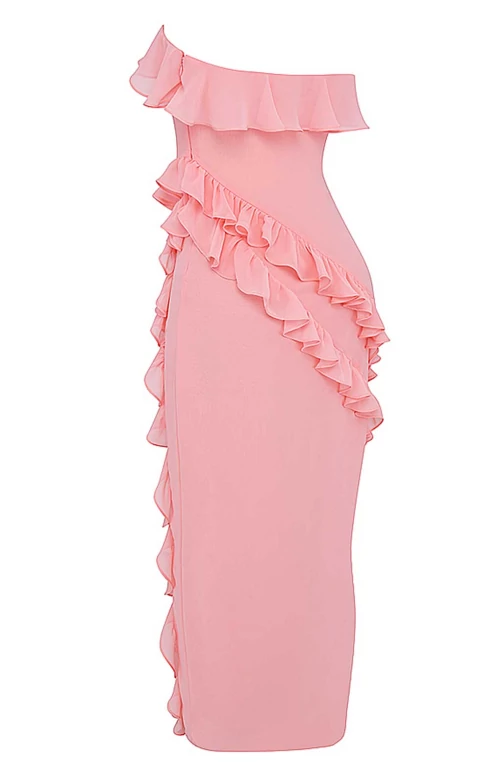 Pink Strapless Rufffle Long Party Dress with Slit,DP1878