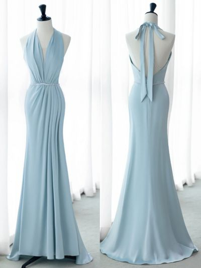 Hellblaues rückenfreies Meerjungfrau-Partykleid mit Perlen, DP1886