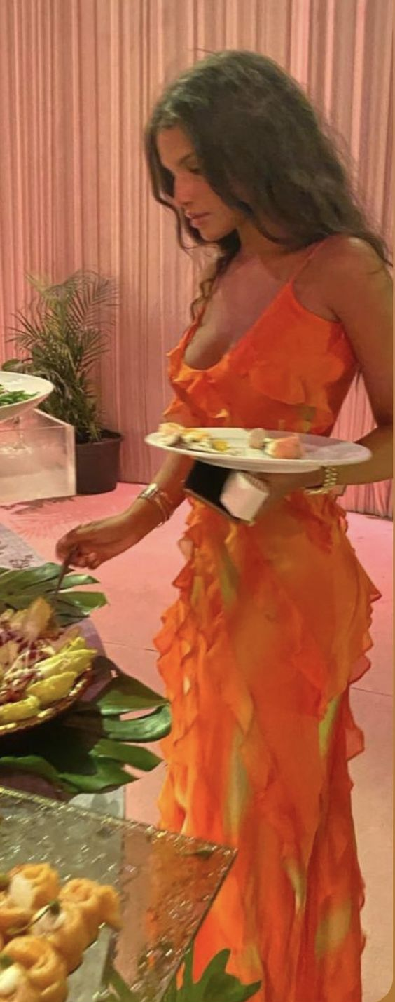 Orange Spaghettiträger Meerjungfrau Langes Partykleid Hochzeitsgastkleid,DP1896