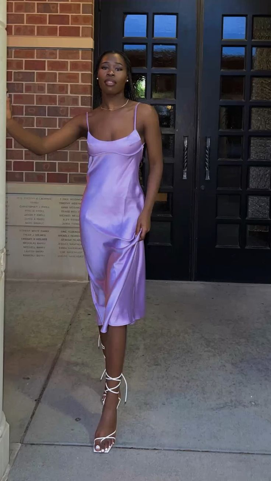 Lilac Straps Tea Length Black Girl Party Dress Wedding Guest Dress,DP1897