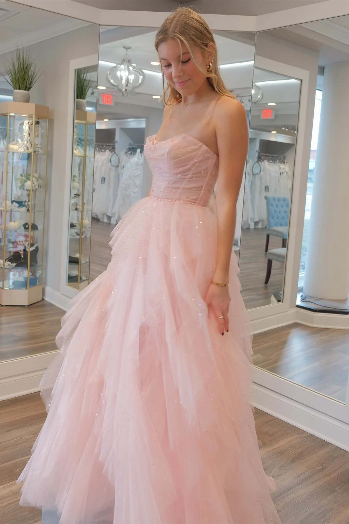 Light Pink Strapless A-Line Ruffle Tulle Long Prom Dress,DP1913