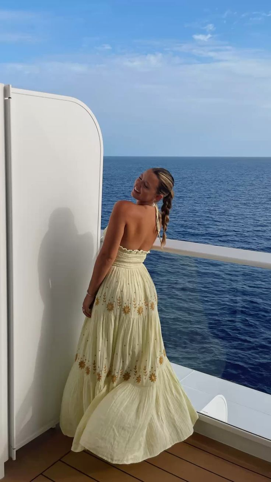 Light Yellow A-Line Halter Backless Embroidery Long Party Dress Trip Dress,DP1937