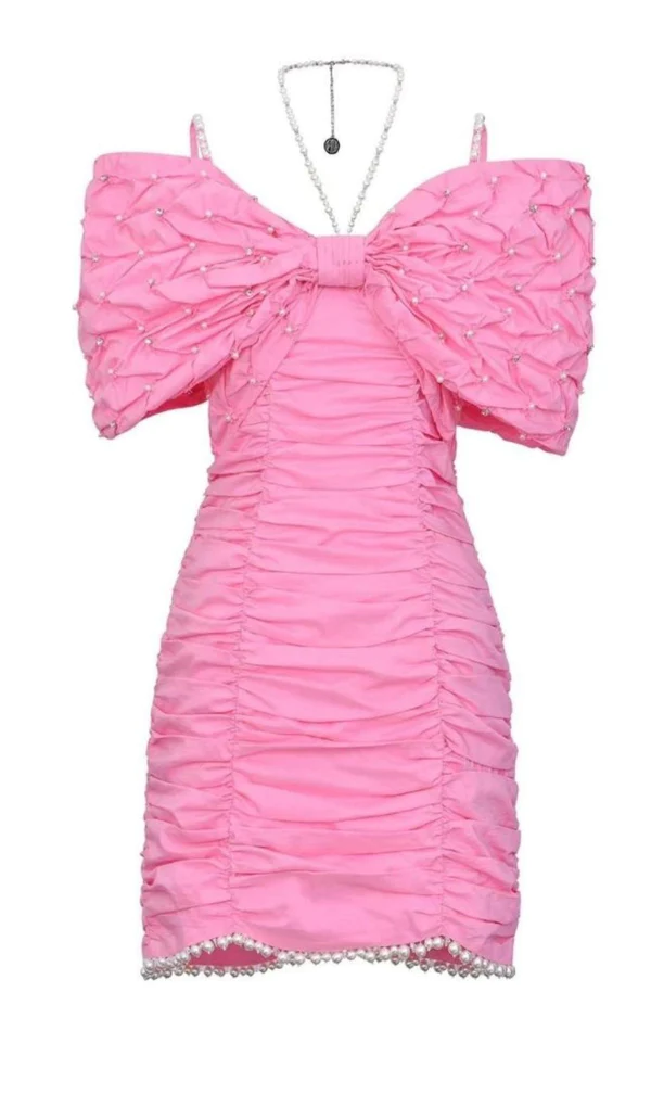 Hot Pink Halter Off Shoulder Homecoming Dress with Pearls,DP1958