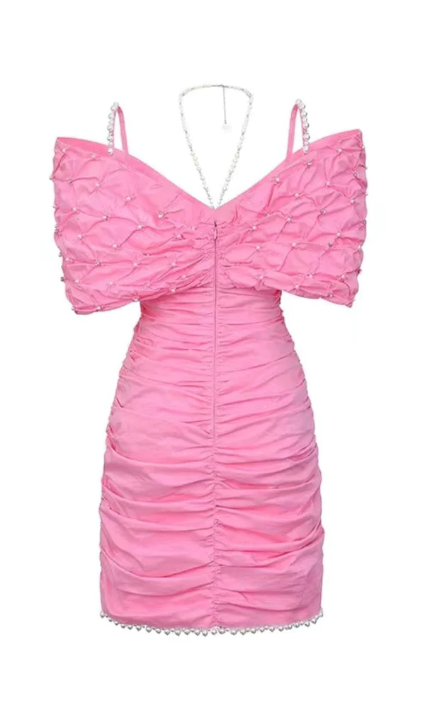 Hot Pink Halter Off Shoulder Homecoming Dress with Pearls,DP1958