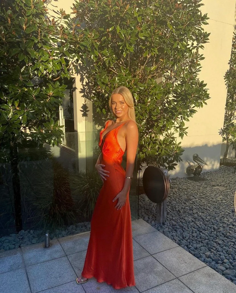 Sexy Orange V-Ausschnitt Spaghettiträger Langes Partykleid,DP1964