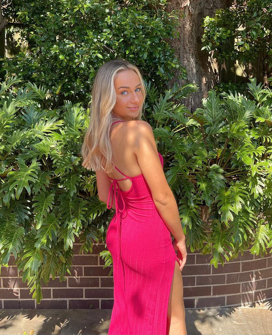 Hot Pink Träger Cut Out Langes Partykleid mit Schlitz, DP1967