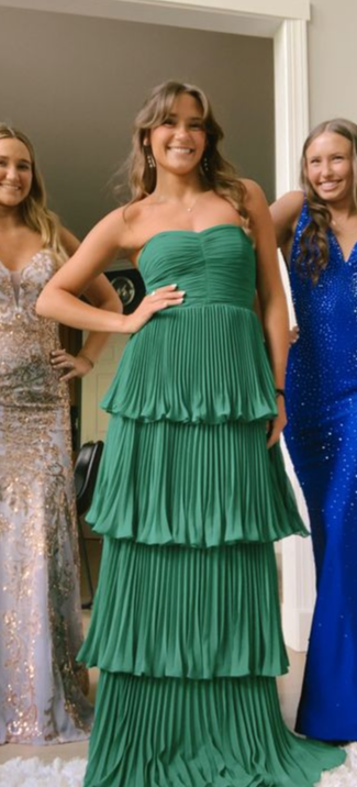 Green Strapless A-Line Tiered Chiffon Long Party Dress Wedding Guest Dress, DP1975