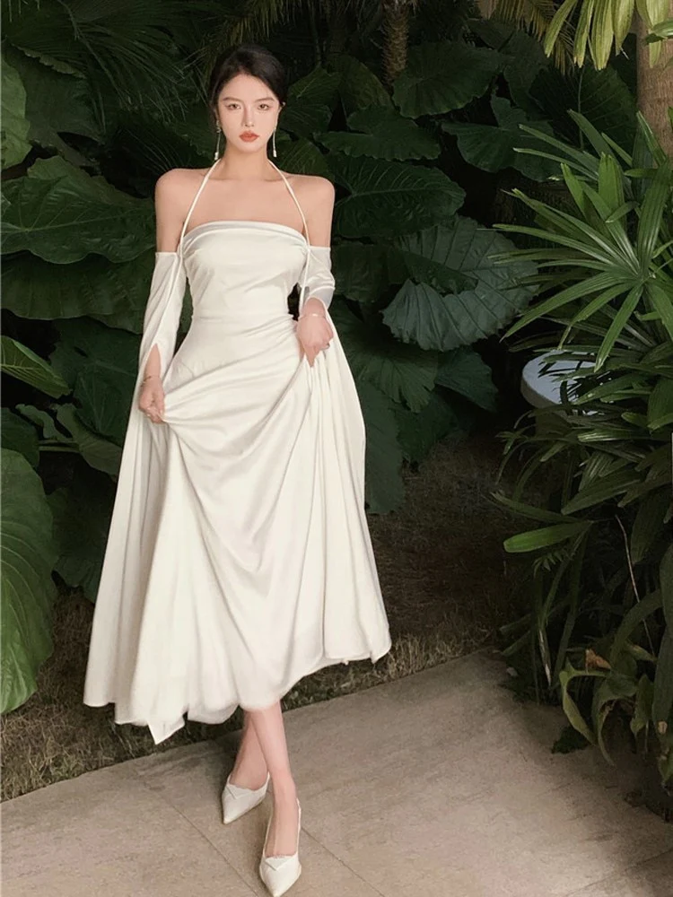 Robe de soirée longue blanche en satin à épaules dénudées et dos nu, DP1984